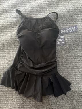 Simply Slim Black Mesh High Neck One Piece Swimsuit Swimdress Small 4-6 New